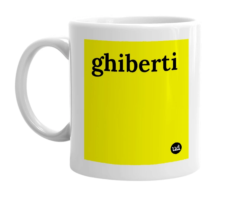 White mug with 'ghiberti' in bold black letters