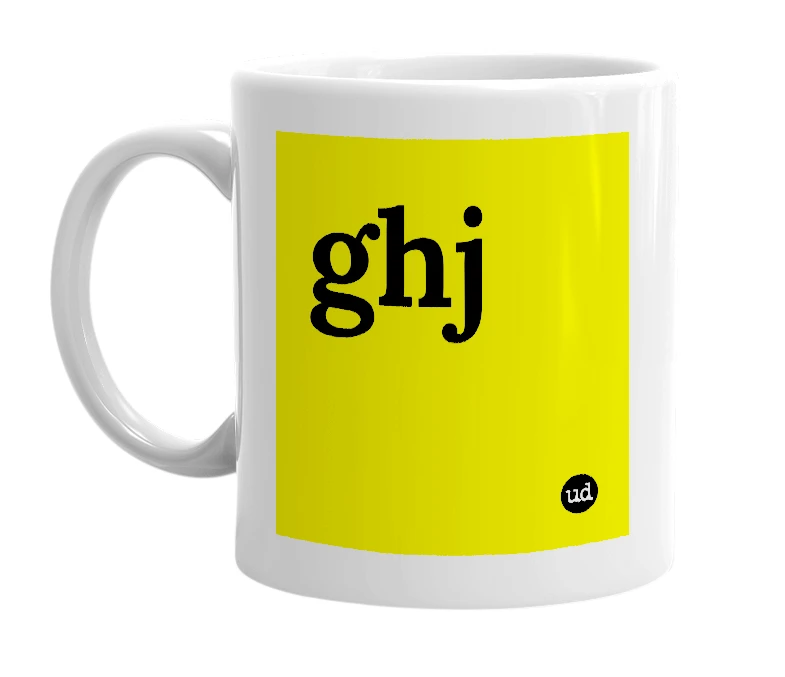 White mug with 'ghj' in bold black letters