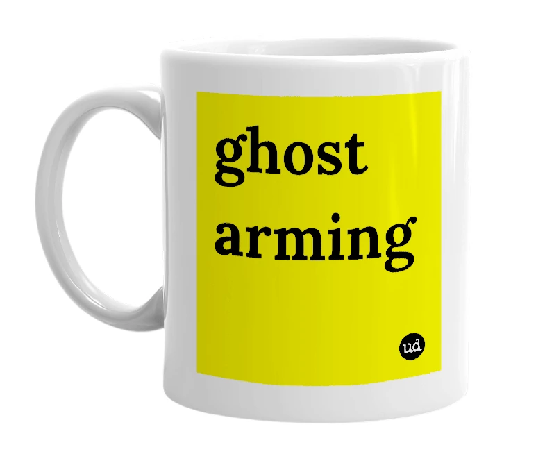 White mug with 'ghost arming' in bold black letters