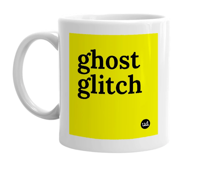 White mug with 'ghost glitch' in bold black letters