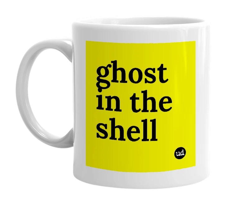 White mug with 'ghost in the shell' in bold black letters