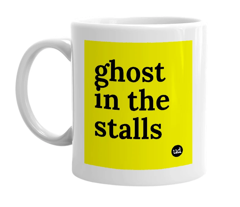White mug with 'ghost in the stalls' in bold black letters