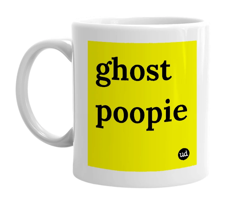White mug with 'ghost poopie' in bold black letters