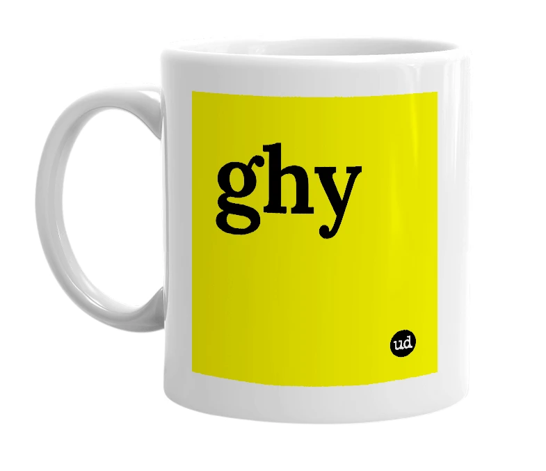 White mug with 'ghy' in bold black letters