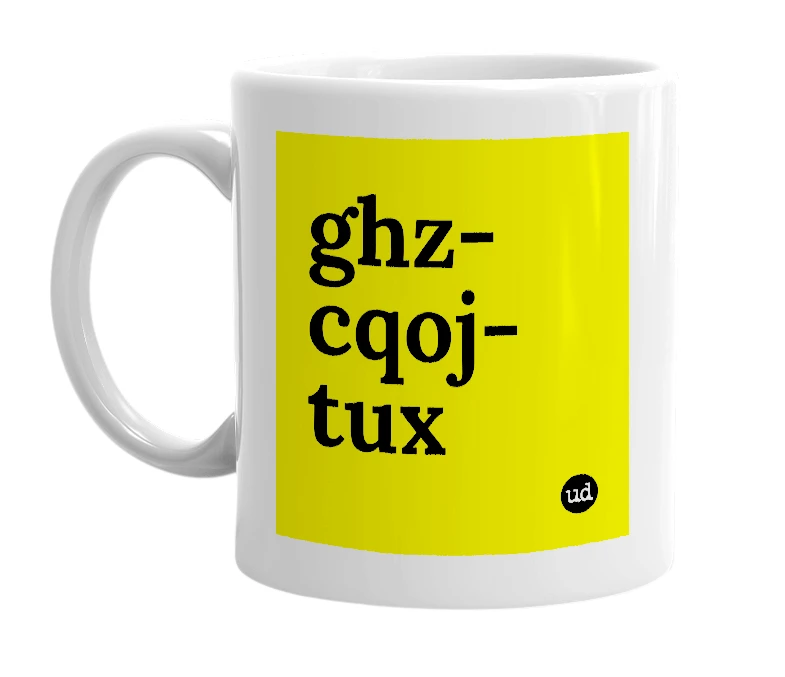 White mug with 'ghz-cqoj-tux' in bold black letters