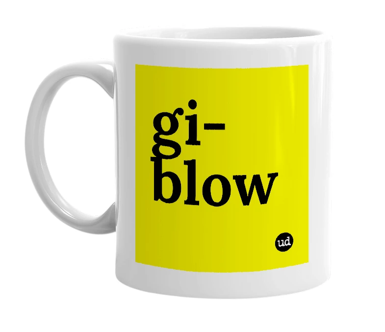 White mug with 'gi-blow' in bold black letters