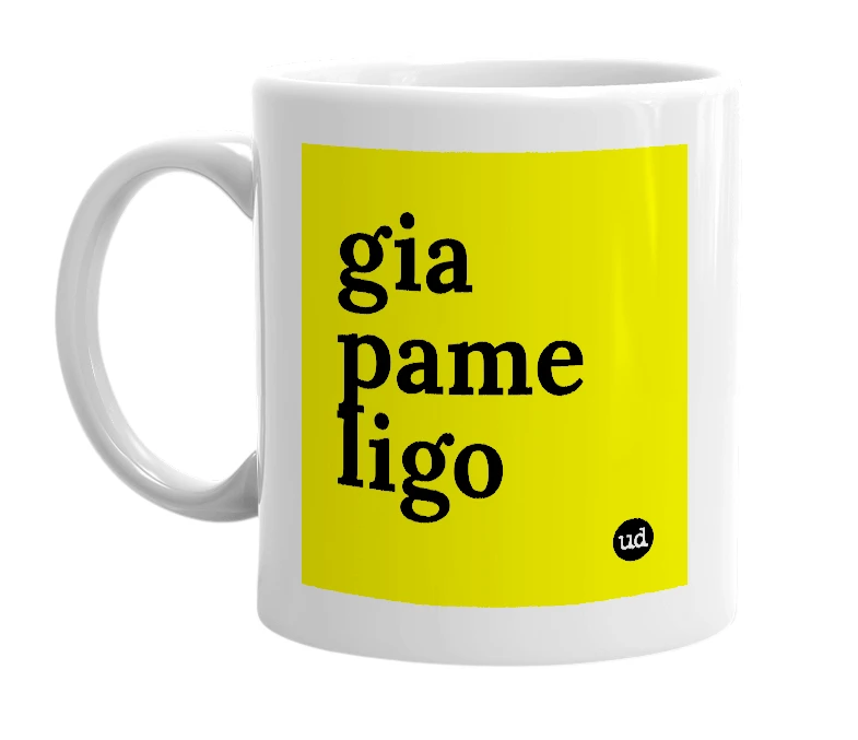 White mug with 'gia pame ligo' in bold black letters