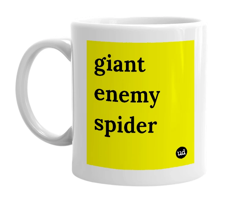 White mug with 'giant enemy spider' in bold black letters