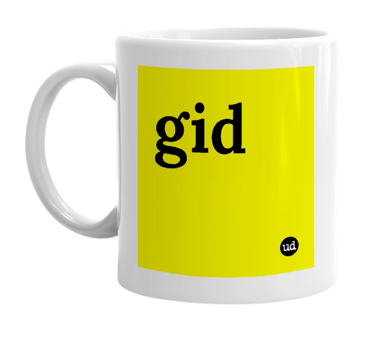 White mug with 'gid' in bold black letters