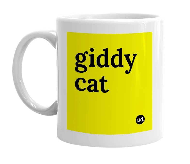 White mug with 'giddy cat' in bold black letters