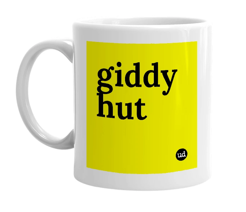 White mug with 'giddy hut' in bold black letters