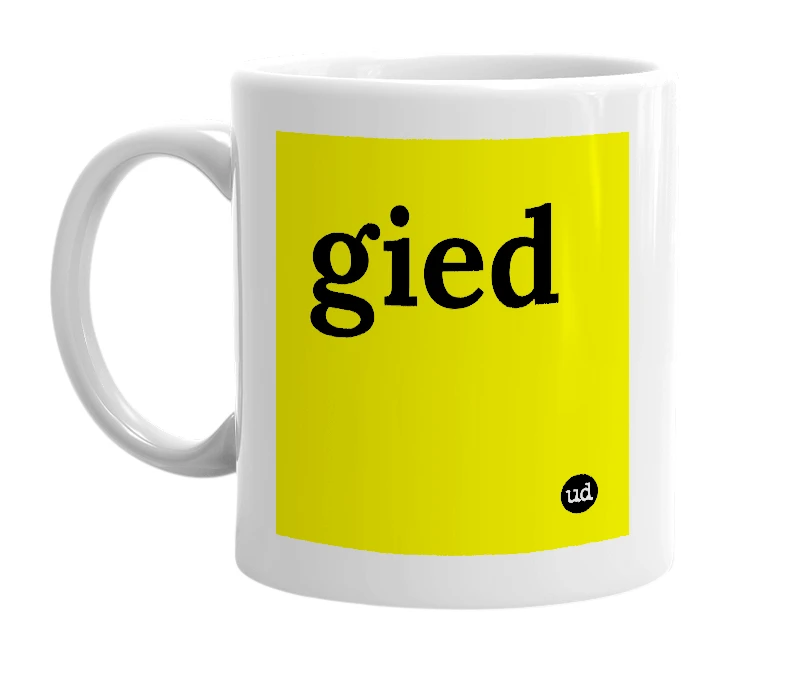 White mug with 'gied' in bold black letters