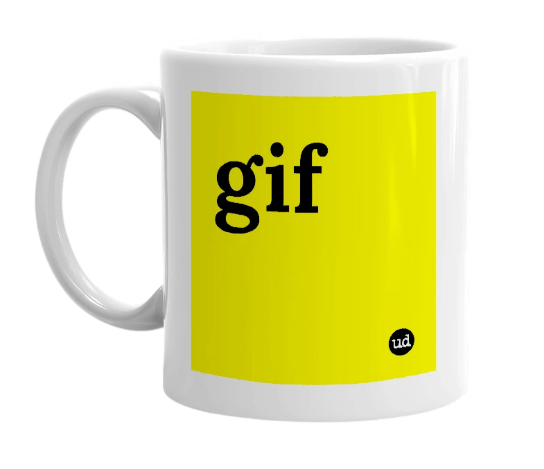 White mug with 'gif' in bold black letters