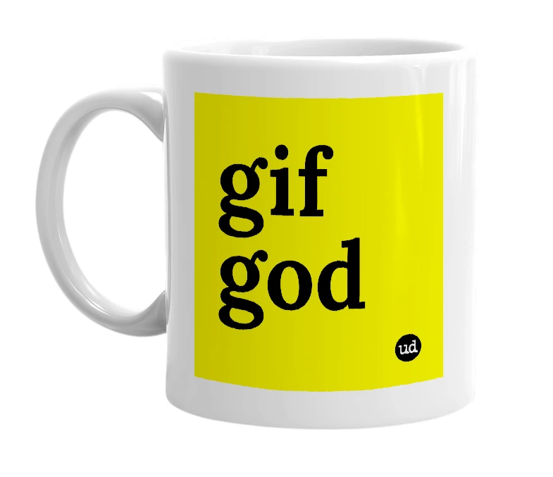 White mug with 'gif god' in bold black letters