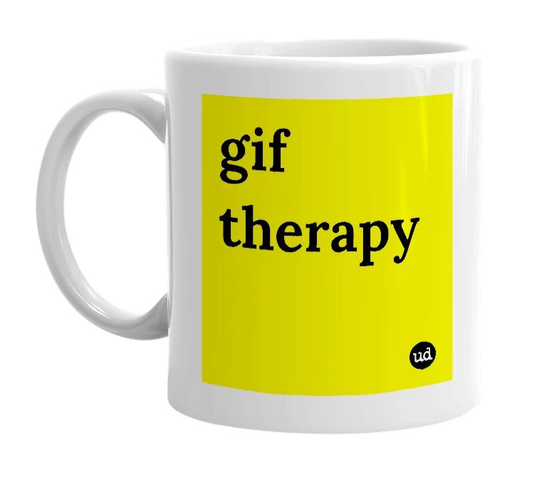 White mug with 'gif therapy' in bold black letters