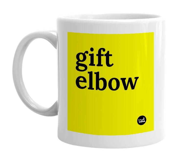 White mug with 'gift elbow' in bold black letters