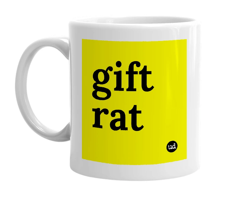 White mug with 'gift rat' in bold black letters