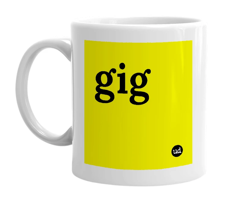 White mug with 'gig' in bold black letters