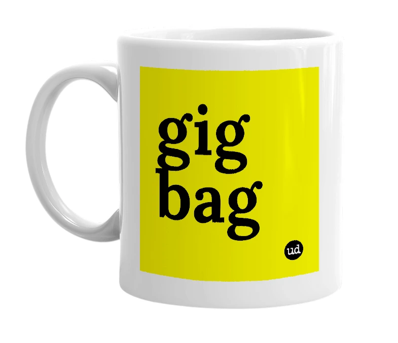 White mug with 'gig bag' in bold black letters