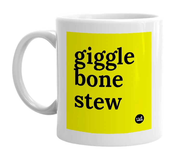 White mug with 'giggle bone stew' in bold black letters