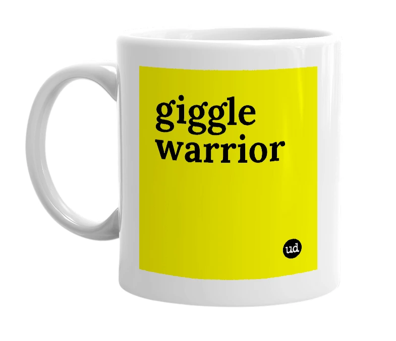 White mug with 'giggle warrior' in bold black letters