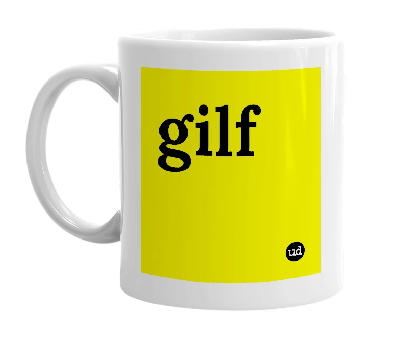 White mug with 'gilf' in bold black letters