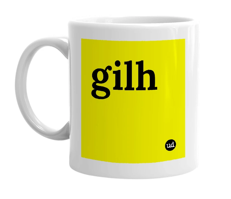 White mug with 'gilh' in bold black letters