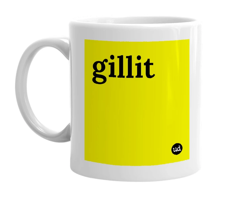 White mug with 'gillit' in bold black letters
