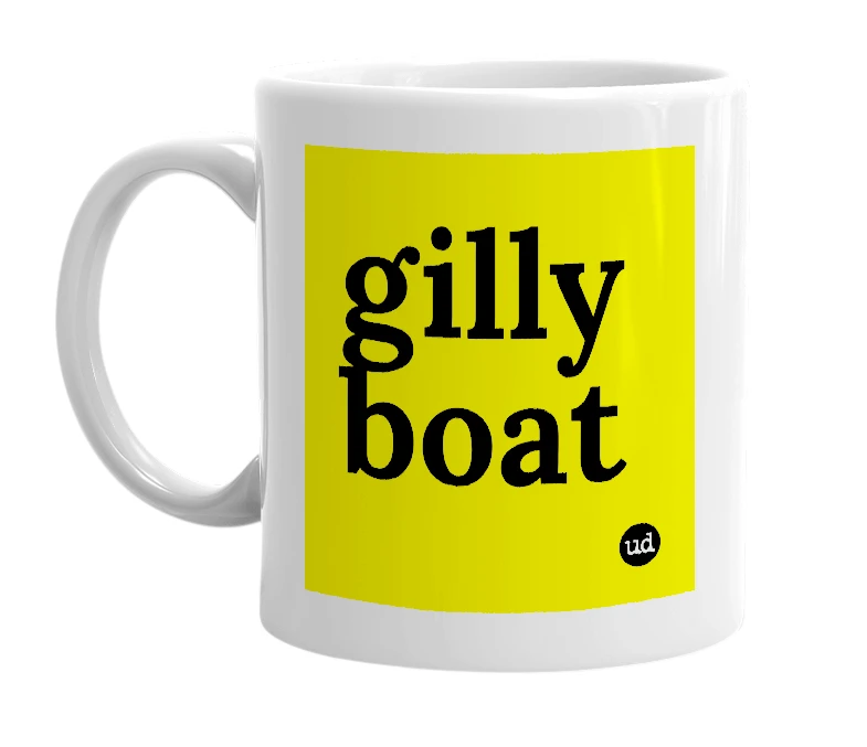 White mug with 'gilly boat' in bold black letters