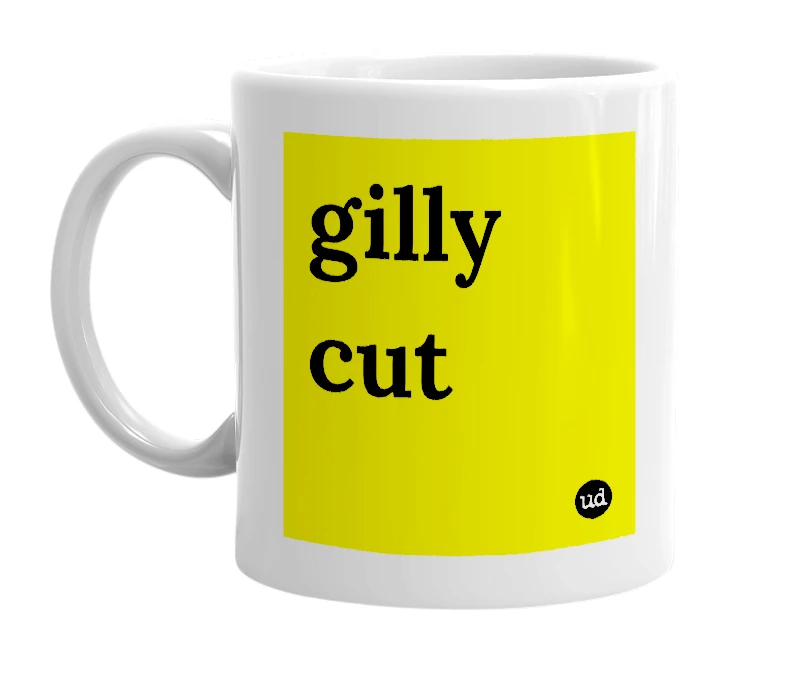 White mug with 'gilly cut' in bold black letters