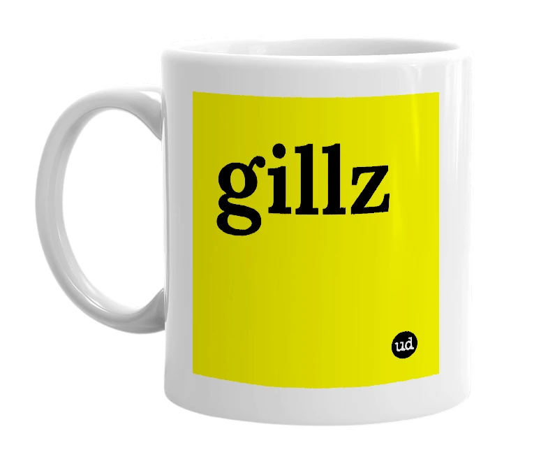 White mug with 'gillz' in bold black letters