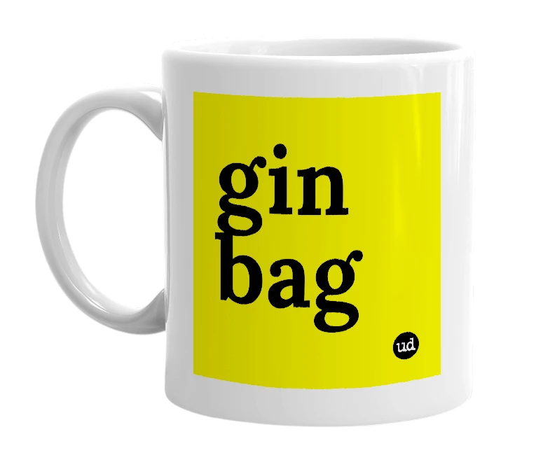 White mug with 'gin bag' in bold black letters