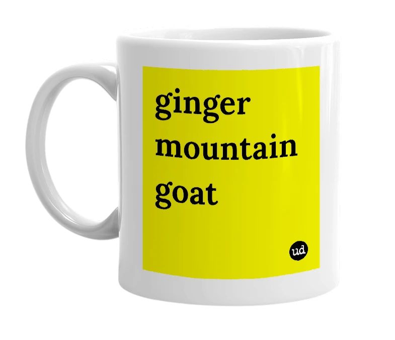 White mug with 'ginger mountain goat' in bold black letters