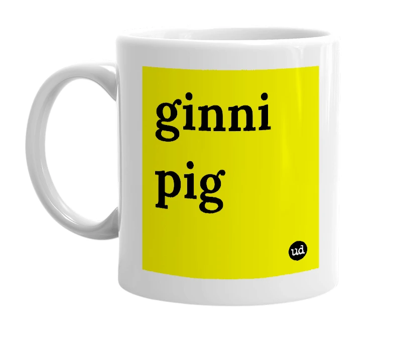 White mug with 'ginni pig' in bold black letters