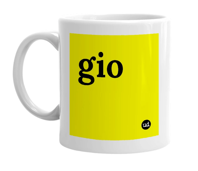 White mug with 'gio' in bold black letters
