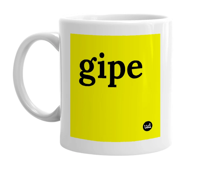 White mug with 'gipe' in bold black letters