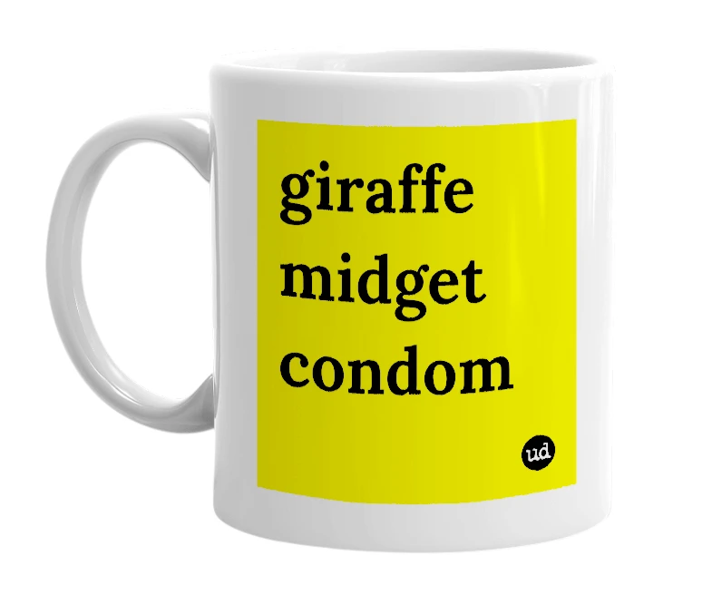 White mug with 'giraffe midget condom' in bold black letters