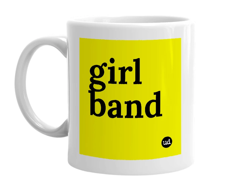 White mug with 'girl band' in bold black letters