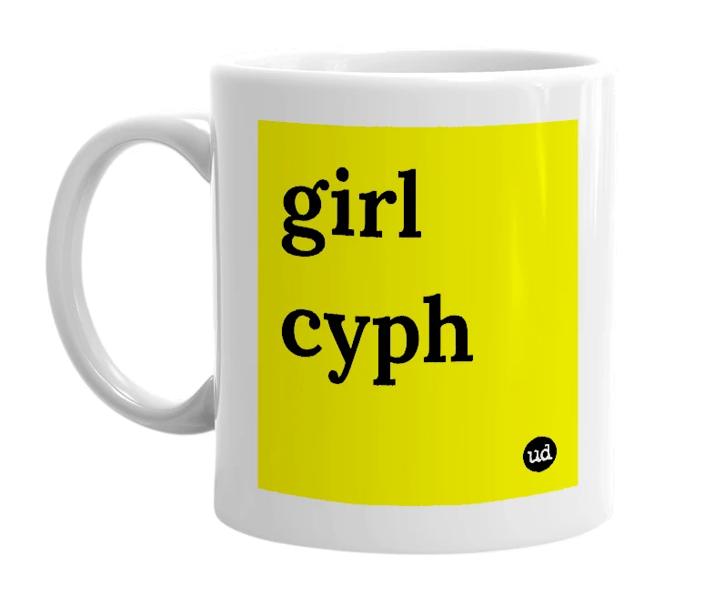 White mug with 'girl cyph' in bold black letters