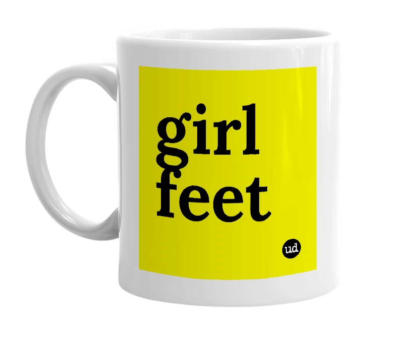 White mug with 'girl feet' in bold black letters