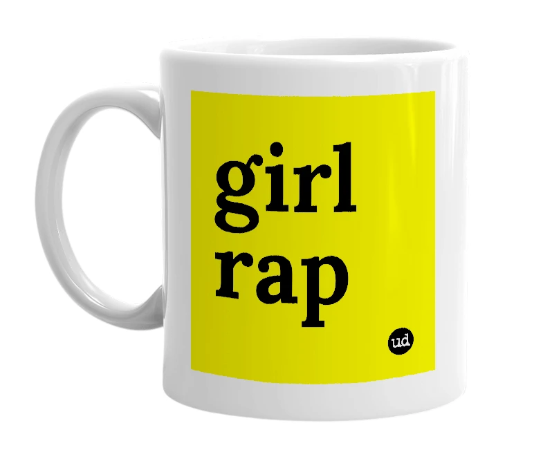 White mug with 'girl rap' in bold black letters