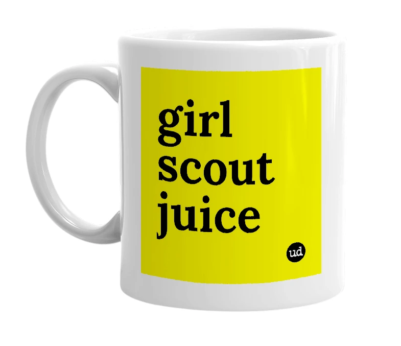 White mug with 'girl scout juice' in bold black letters