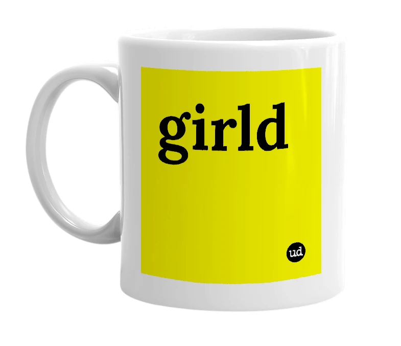 White mug with 'girld' in bold black letters