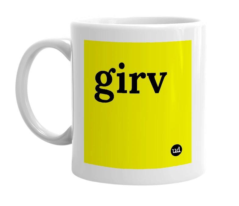 White mug with 'girv' in bold black letters
