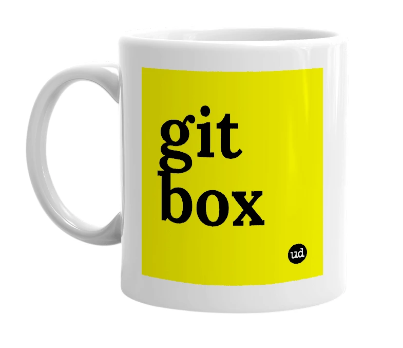 White mug with 'git box' in bold black letters