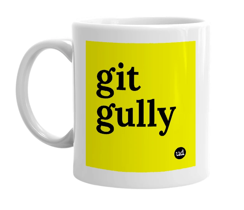 White mug with 'git gully' in bold black letters
