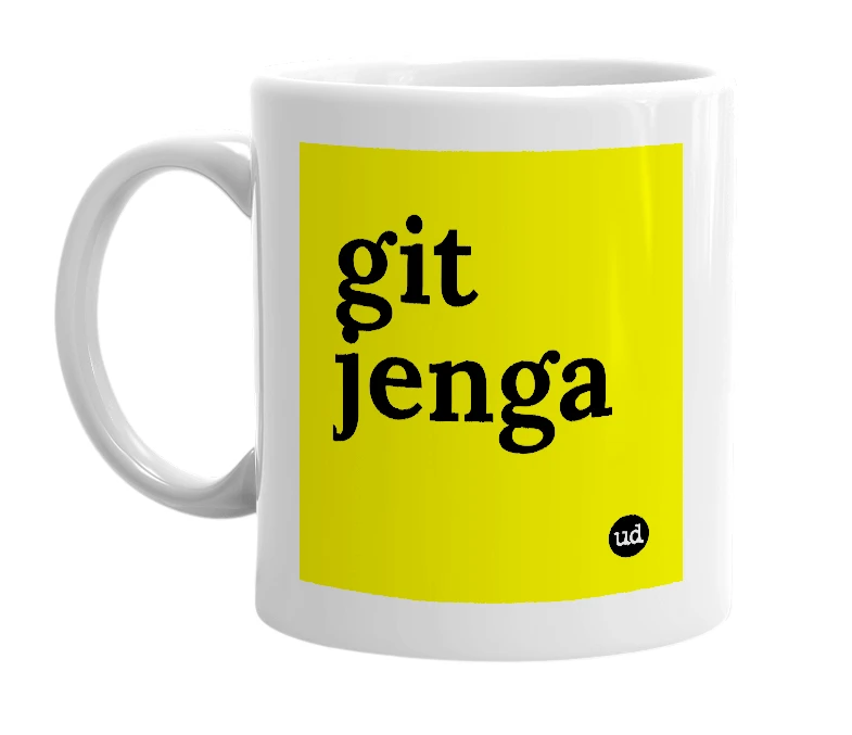 White mug with 'git jenga' in bold black letters