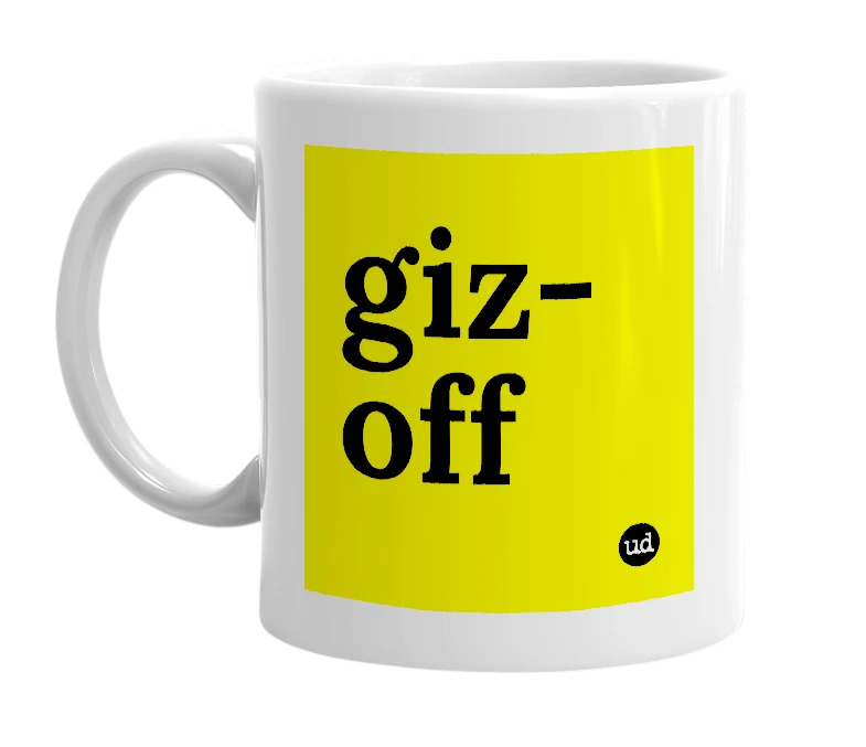 White mug with 'giz-off' in bold black letters