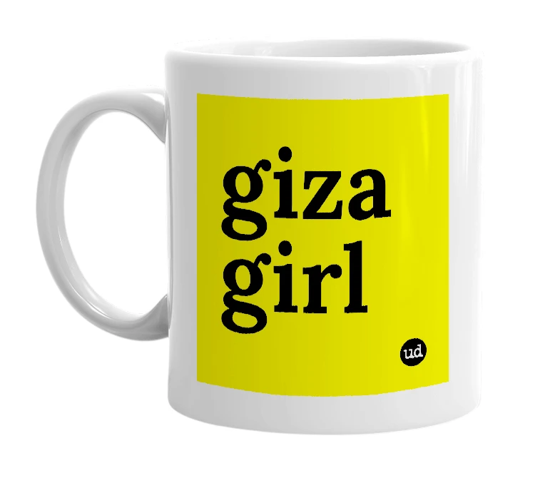 White mug with 'giza girl' in bold black letters