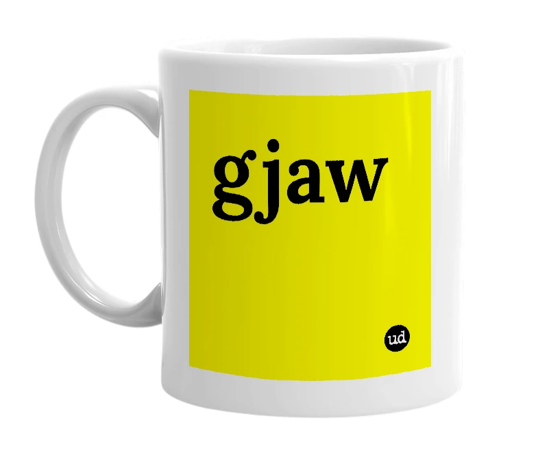 White mug with 'gjaw' in bold black letters